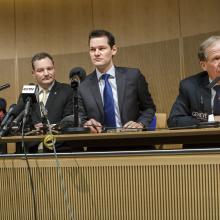 Robert Deillon, right, General Director of the Geneva Airport, is sitting next to Olivier Jornot, left, Prosecutor General of Canton of Geneva, Eric Grandjean, second left, spokesperson of the Geneva police, and Pierre Maudet, second right, Councillor of the Geneva State, as he answers questions to reporters about a hijacked Ethiopian Airlines Plane, during a press conference, in Geneva, Switzerland, Monday, Feb.17, 2014. Deillon told reporters that the co-pilot, an Ethiopian man born in 1983, took control of the plane when the pilot ventured outside the cockpit. The man wanted asylum in Switzerland. (AP Photo/Keystone, Salvatore Di Nolfi)