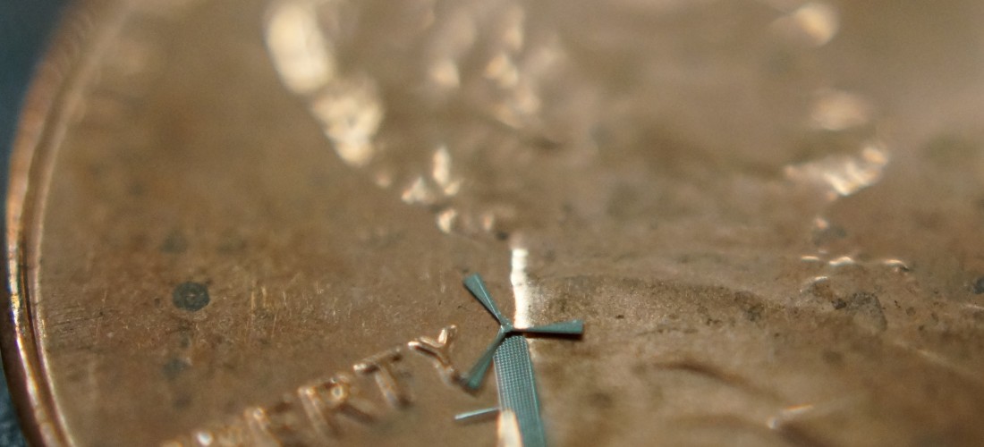 One of Rao's micro-windmills is placed here on a penny.